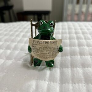 Vintage Green Frog Figurine Reading The Wall Street Journal